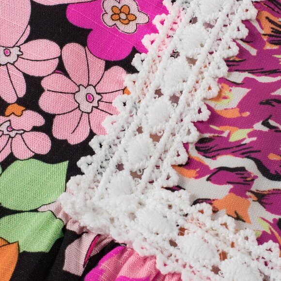 🌹 Rose Red Bubble Sleeve Lace Trim Floral Mixed Print Blouse - Picture 8 of 14